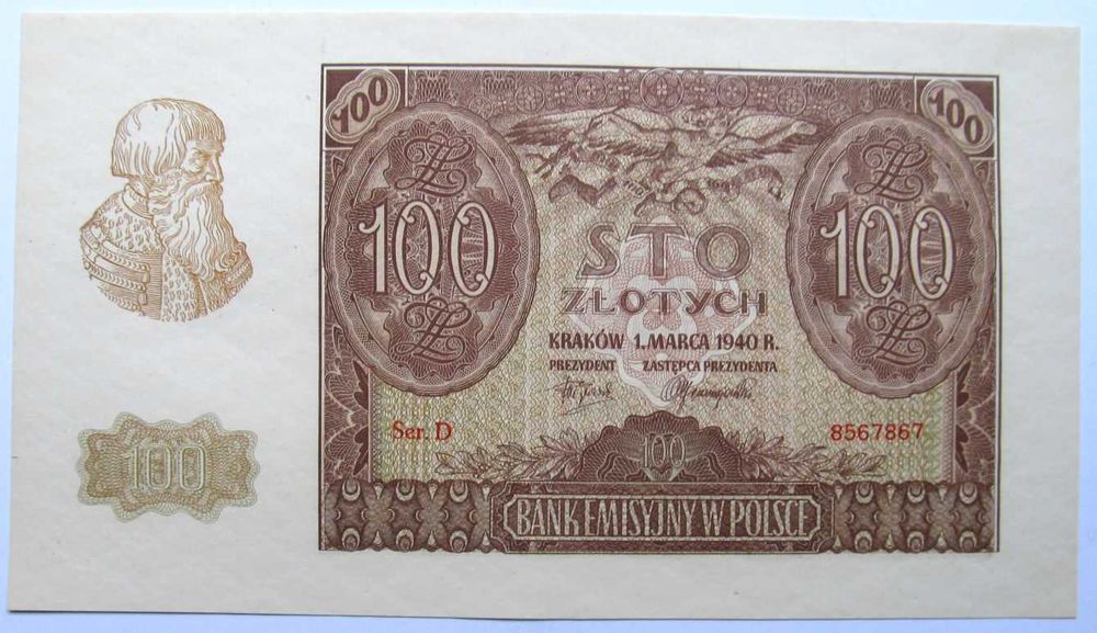 Generalne Gubernatorstwo 100 zł 1940 Seria D UNC