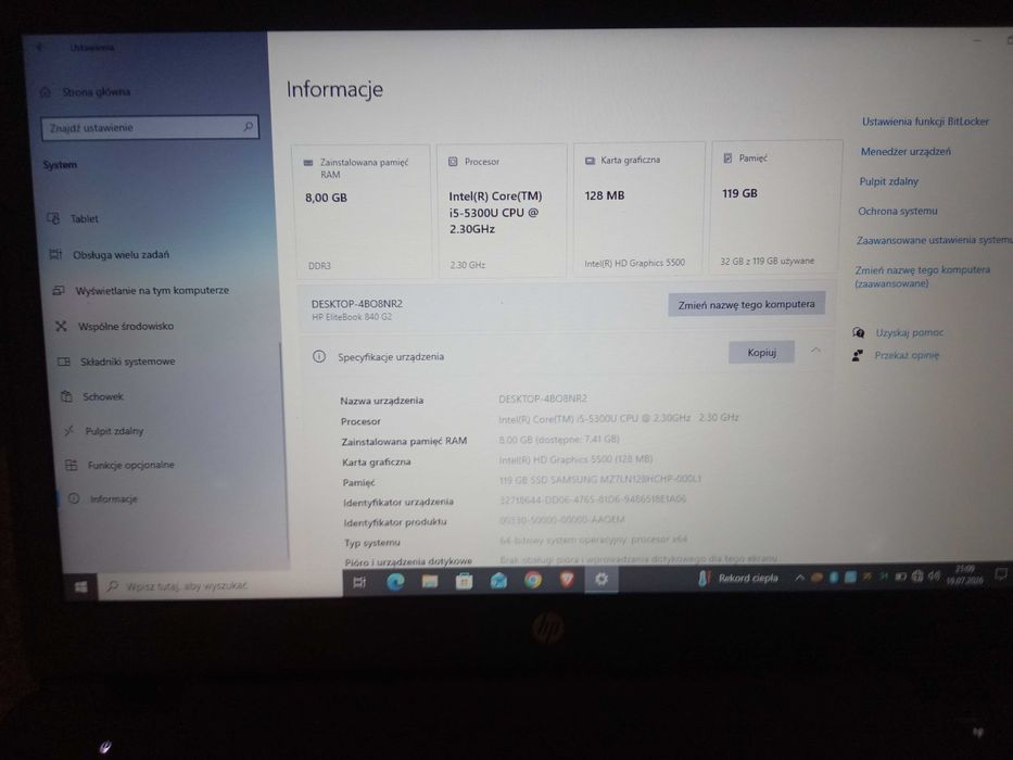 Laptop HP EliteBook 840 i5 8GB SSD bateria 2-3-4h Win Zasilacz HP