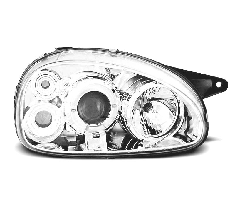FARÓIS FRONTAIS ANGEL EYES PARA OPEL CORSA B,93-00 FUNDO CROMADO ELEC.