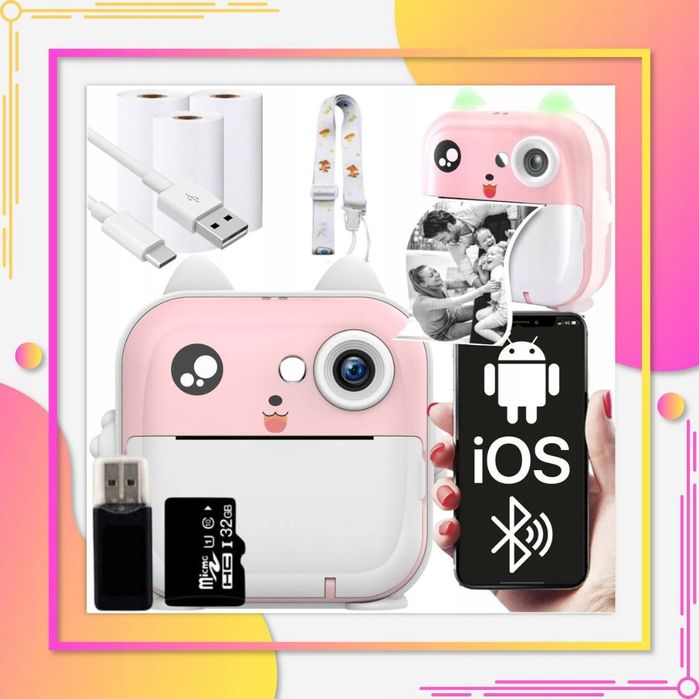 Aparat Natychmiastowy Mini Drukarka Drukuś + Karta 32Gb - Różowy