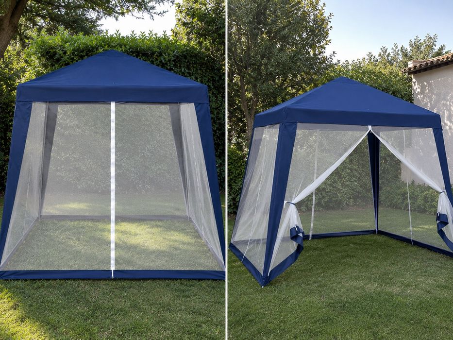 Outsunny Tenda de Jardim Campismo 3x3m Tenda com 4 Partes Laterais Rede Mosquiteira com Zíper Proteção UV para Patio Azul