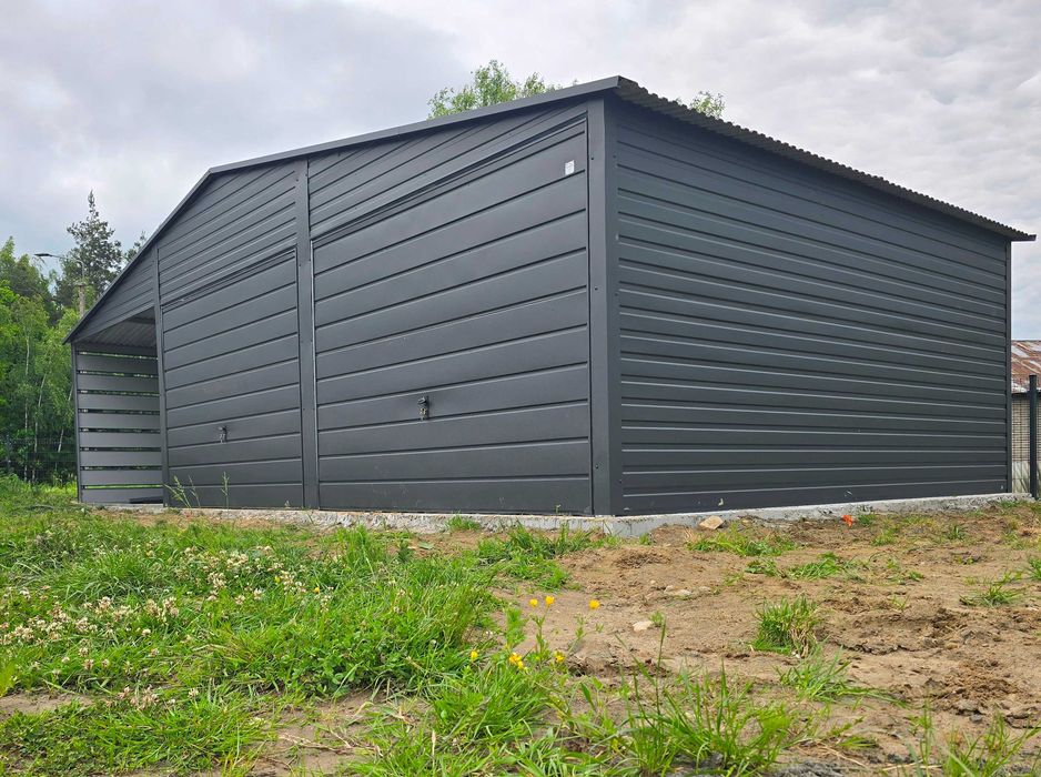 Garaż Blaszany Antracyt Mat + Dodatkowa Wiata z Paneli