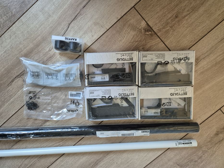Karnisz Ikea Hugad 120-210, wspornik, końcówki, kółka