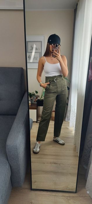 Nowe bawełniane proste spodnie Mango XXS 32 wysoki stan pasek klamra