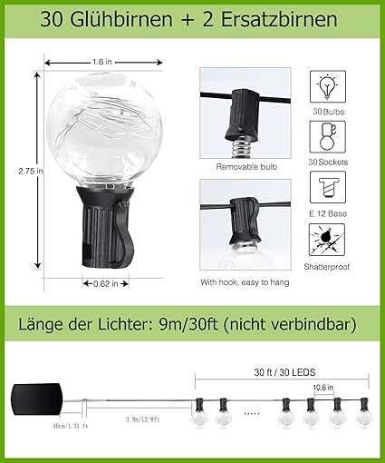 Girlanda solarna LED 9M 30 żarówek kolorowa 16 kolorów + pilot IP65