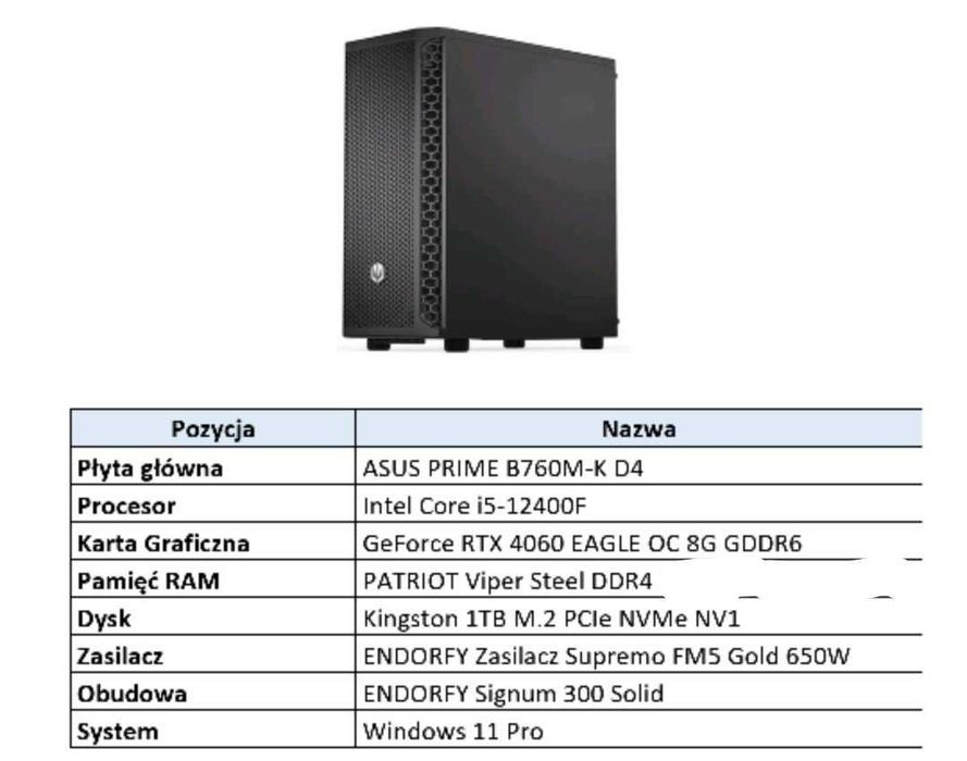 Komputer do gier RTX 4060 | i5-12400F | 32GB RAM | 1TB NVMe | Gwarancja