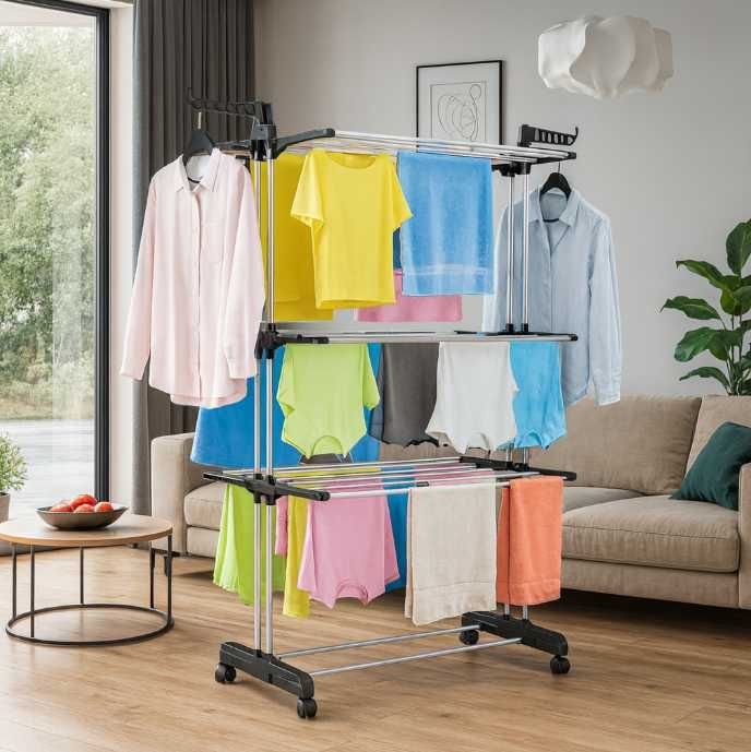 Duża Mocna Suszarka Na Pranie Składana Pionowa Stojąca Czarna Biała