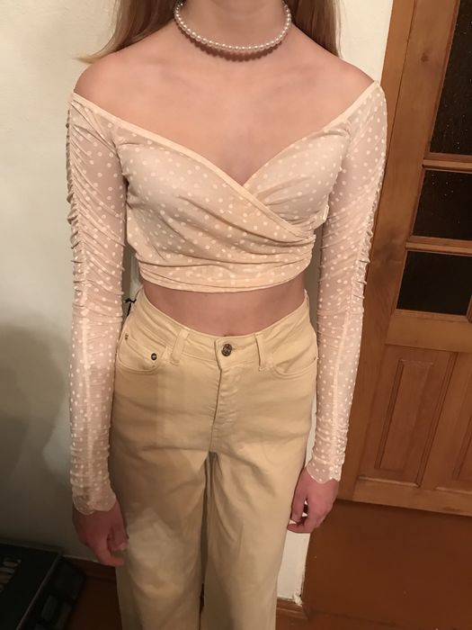 Топ топик в горошек сетка пудровый цвет S размер