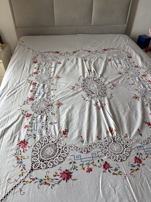 Colcha de cama de casal 220 5 × 260 com ponto cruz e croché