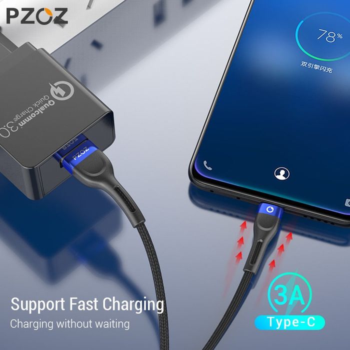 Кабель PZOZ USB Type-C,3м. Шнур для заряджання у тканинному обплетені