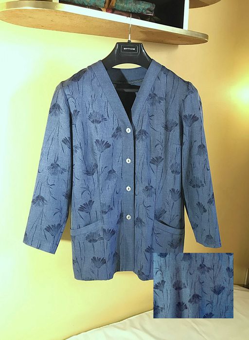 marynarka vintage plus size cienka dekolt V niebieska wzór kwiaty 6XL