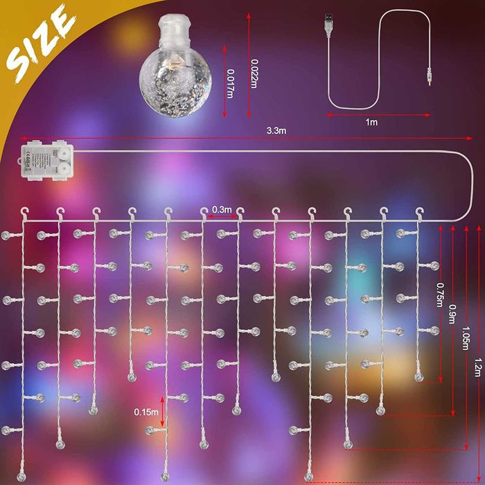 Cortina de luzes LED com bateria e USB, interiores e exteriores