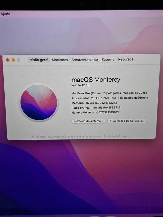 MacBook Pro Ecrã Retina de 15,4" Intel Core i7 - 2,5 Ghz l 16 Gigas Memória RAM DDR 4 | Disco SSD de alta velocidade | Gráfica Iris Pro 1536 MB | NOVO
