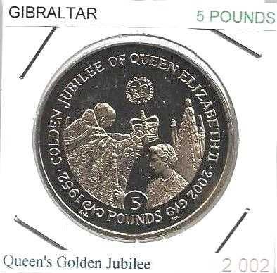 Gibraltar -- 5 Libras - 2002  - "Jubileu de Ouro da Rainha " - - Moeda