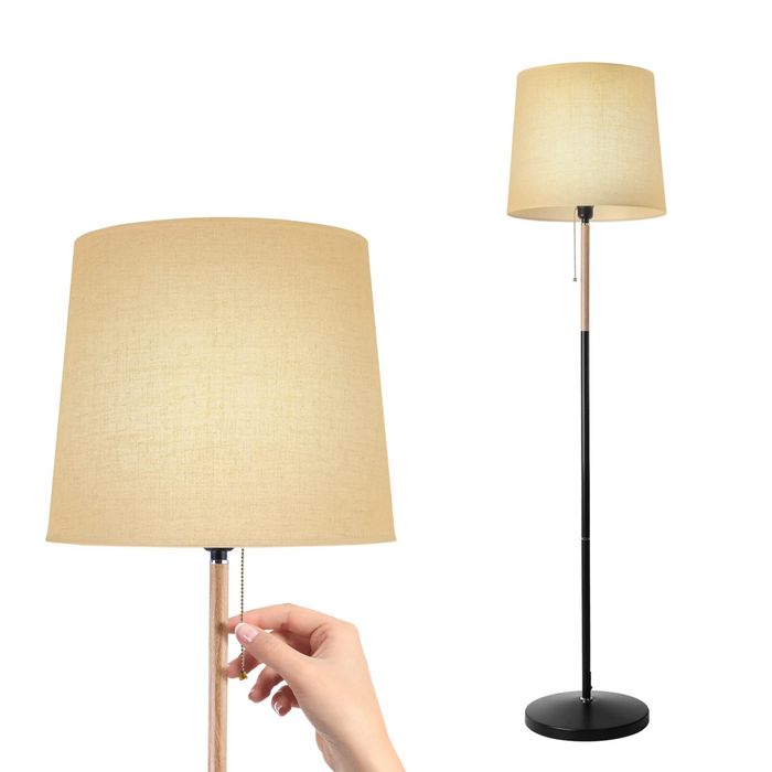 Beżowa lampa podłogowa 170cm z lnianym abażurem