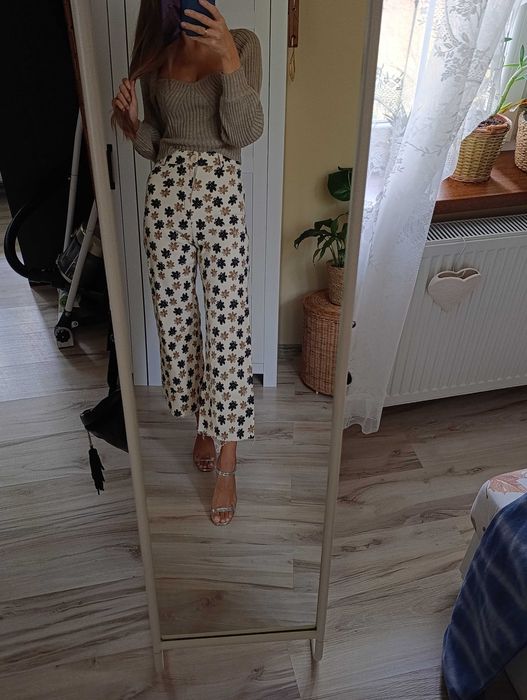 Spodnie damskie jesień czekolada beż wysoki stan