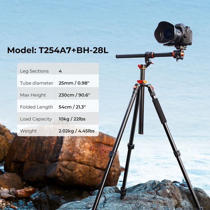 Штатив K&F CONCEPT T254A7 BH-28L + відеоголовка FH-03 + Phone Clip (комплект)