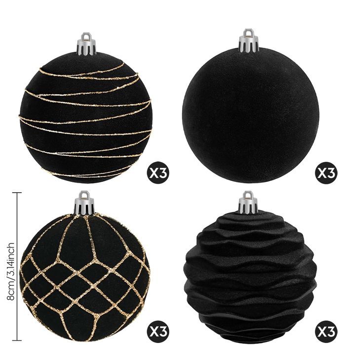 Christmas Baubles - Velvet Plastic - 12 pcs, 8 cm, Black