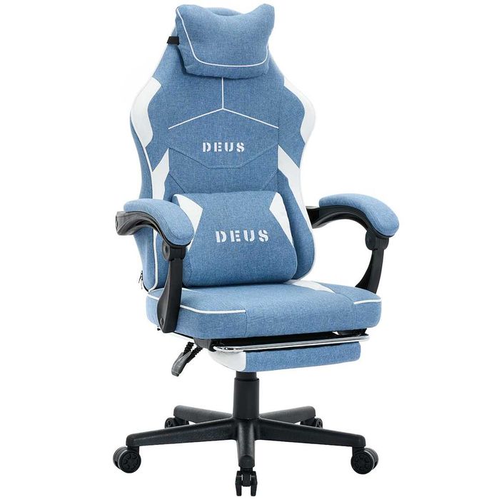 Fotel Gamingowy z podnóżkiem DEUS Edge Light Blue, tkanina