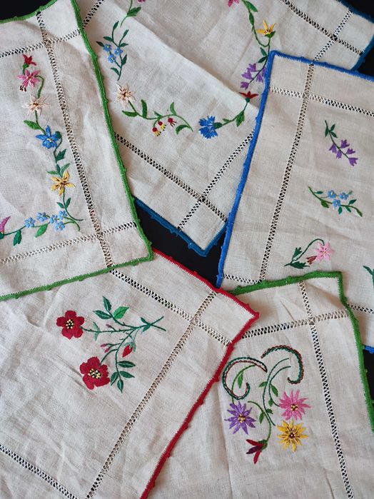 Комплект: винтажная льяная салфетка серветка с вышивкой, ручная работа