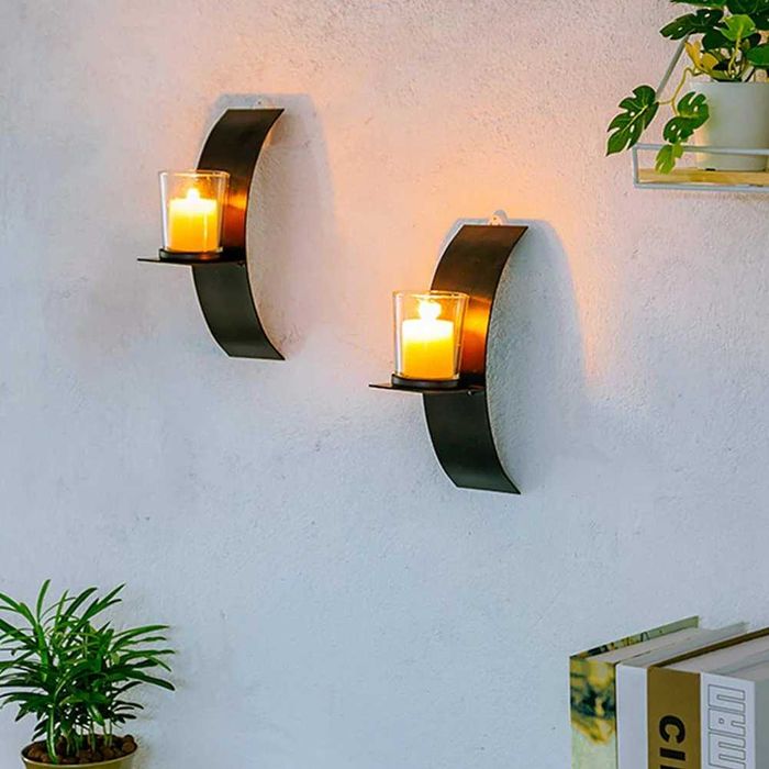 Настенная металлическая декоративная подставка для свечей черная 2 шт.