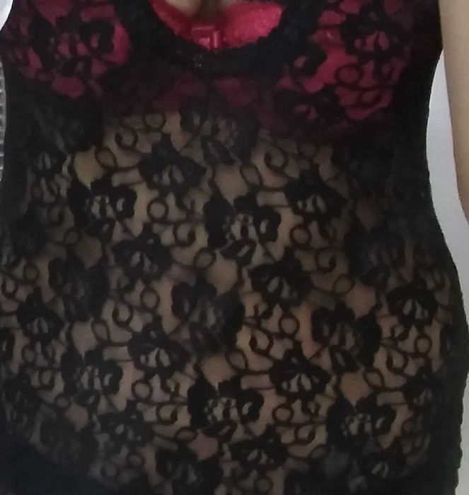 Koronkowa krótka czarna koszulka, seksi, s/m