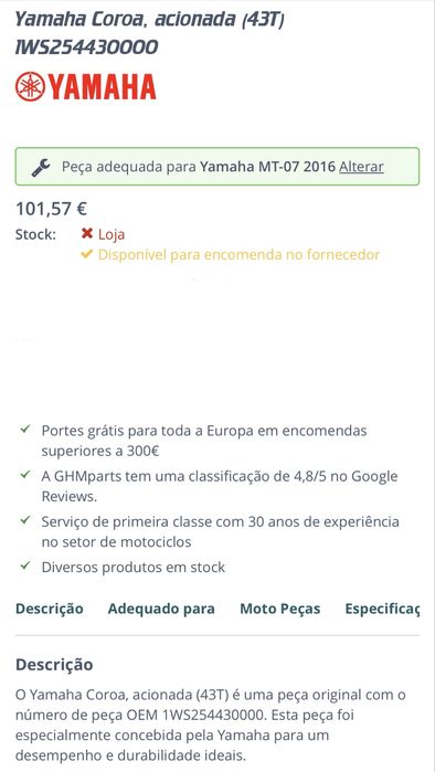 Vendo Pinhão e Cremalheira YAMAHA MT07
