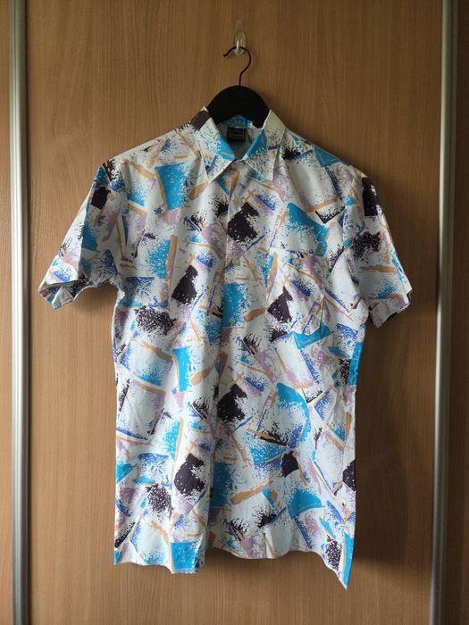 Koszula z krótkim rękawem 80s 90s retro abstrakcyjny wzór bawełna Rozmiar XL