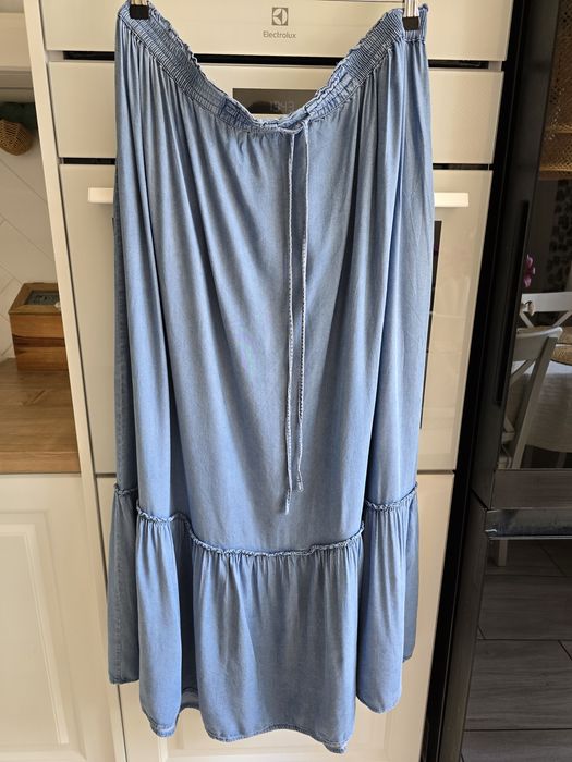 Spódnica maxi letnia jeansowa wiskoza przewiewna z falbaną plus size