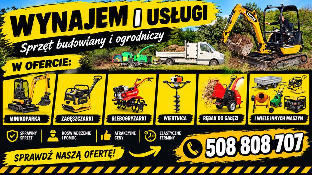 Uslugi minikoparka rebakiem wynajem maszyn budowlanych zageszczarka koparka wiertnica