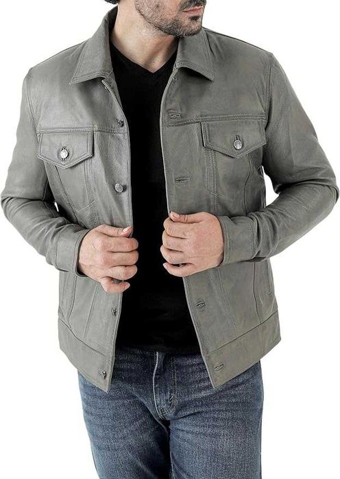 Casaco de homem clássico de couro estilo camionista couro e camurça premium