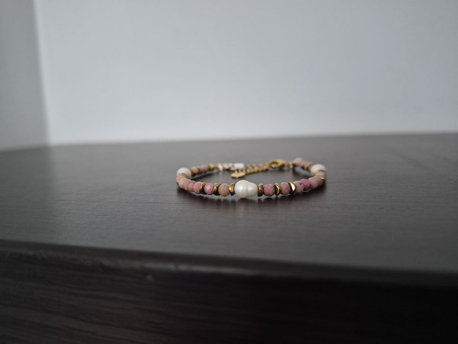 Bransoletka rodonit 4mm perła hematyt stal