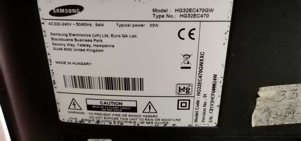 TV Samsung  (32”) Avariada - Para Reposição ou Peças