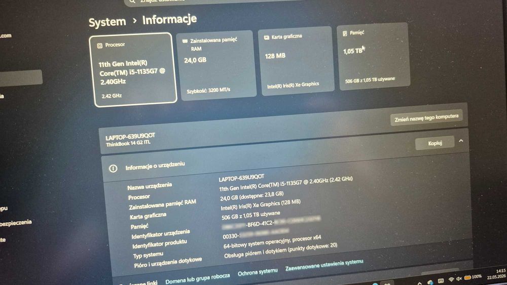Lenovo ThinkBook 14 G2 | i5-1135G7 | 24GB RAM | 1TB SSD | Win 11 Pro | Bateria 99%
