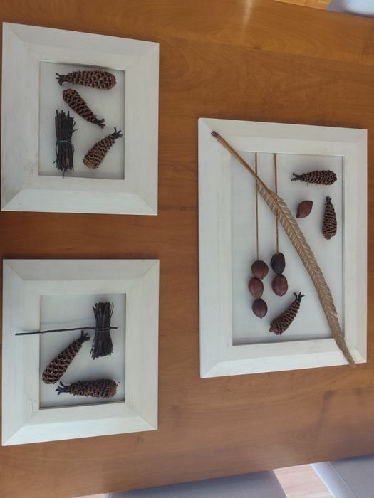 Conjunto de  3 Quadros Artesanais em Madeira com Folhas Secas