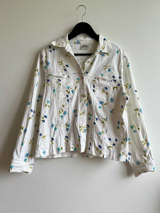 Vintage kurtka katana jeansowa damska denim biała kwiaty bawełna 42