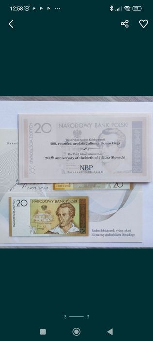 Banknot kolekcjonerski Juliusz Słowacki 20 zł 2009 rok.