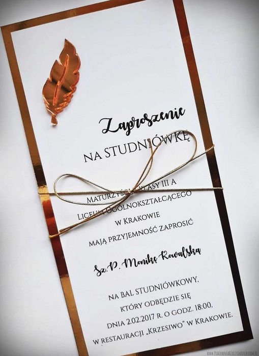 Złote lub srebrne zaproszenie z piórem na Studniówkę, glamour