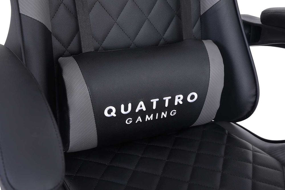 Fotel gamingowy Quattro Gray – Ekskluzywna ekoskóra, szare akcenty, ciche kółka kauczukowe i funkcja relaksu z podnóżkiem.