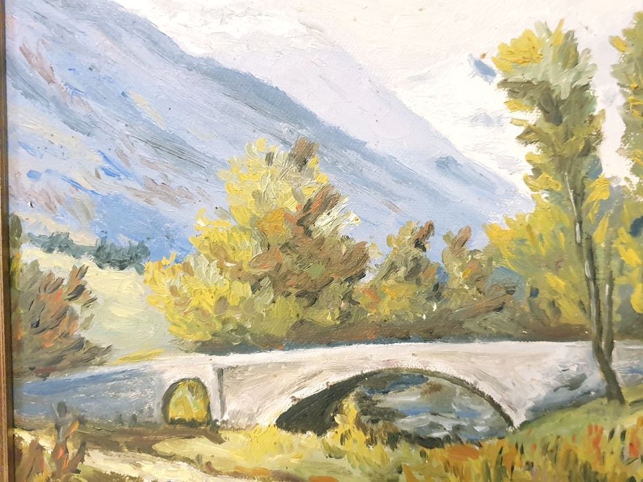 Pintura em óleo sobre tela - Paisagem montanhosa com ponte sobre rio