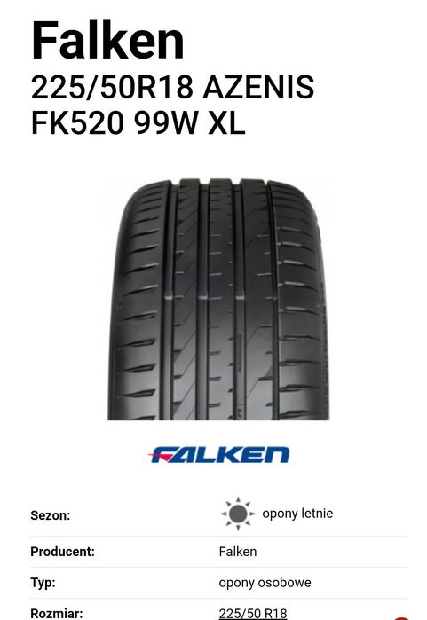 NOWE opony letnie FALKEN AZENIS FK520 225/50R18 4szt 99W montaż