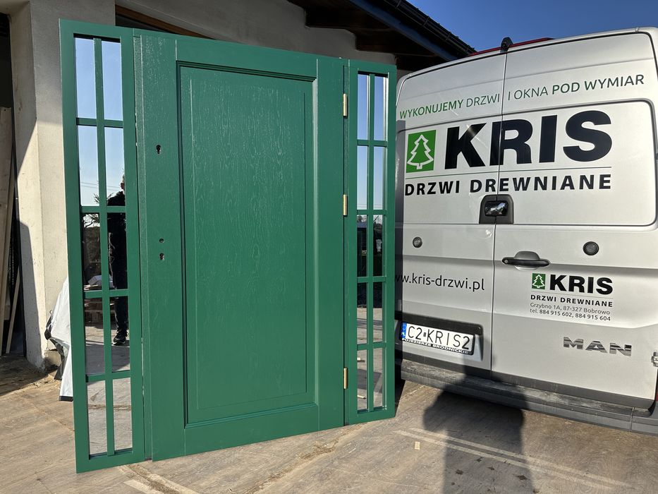 Drzwi zewnętrzne drewniane zielone z doświetlami Na Wymiar CAŁA POLSKA