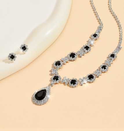 Zestaw Kolczyki Naszyjnik Ślub Srebrny Elegancki Czarny Cyrkonie