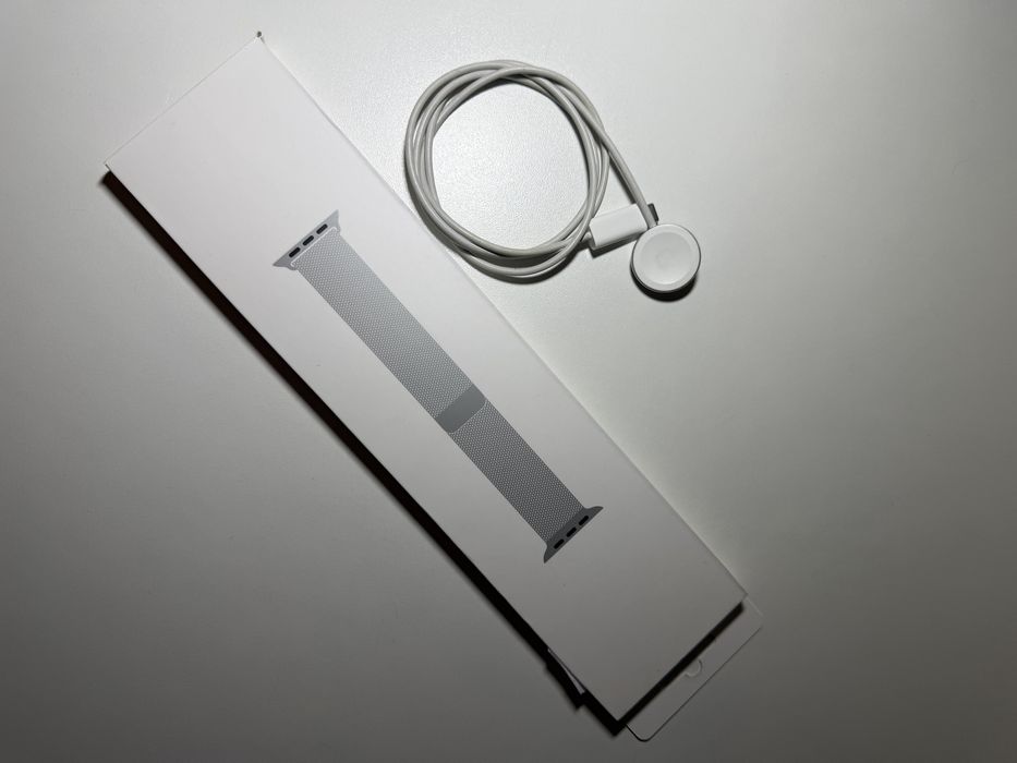 Pasek Apple Watch 45mm Milanese Loop Srebrny Oryginał + Ładowarka