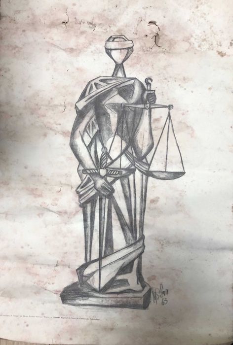 Desenho Original Assinado 1963 por Mohammed Ghani Hikmat – Mestre Escultor Iraquiano – “A Justiça” (70 x 48 cm)