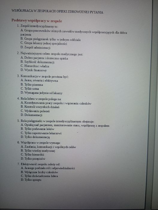 Pytania testowe pielęgniarstwo współpraca w zespołach opieki  zdr. pdf