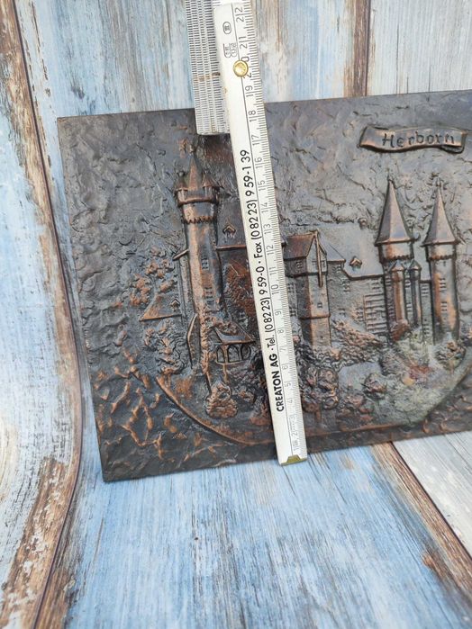 Stary żeliwny relief płaskorzeźba odlew - miasto