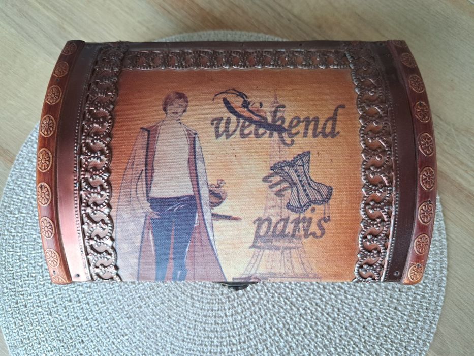 Kuferek MDF decoupage paryż brązowy skrzynka pojemnik kontener