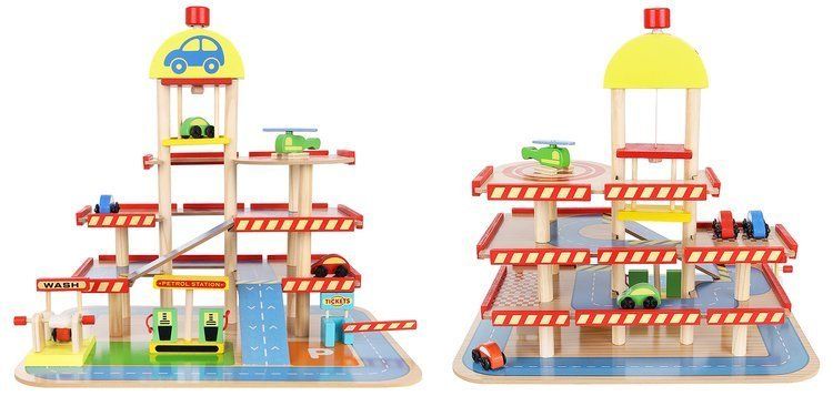 Parking garaż - drewniany+ 4 samochodziki, helikopter