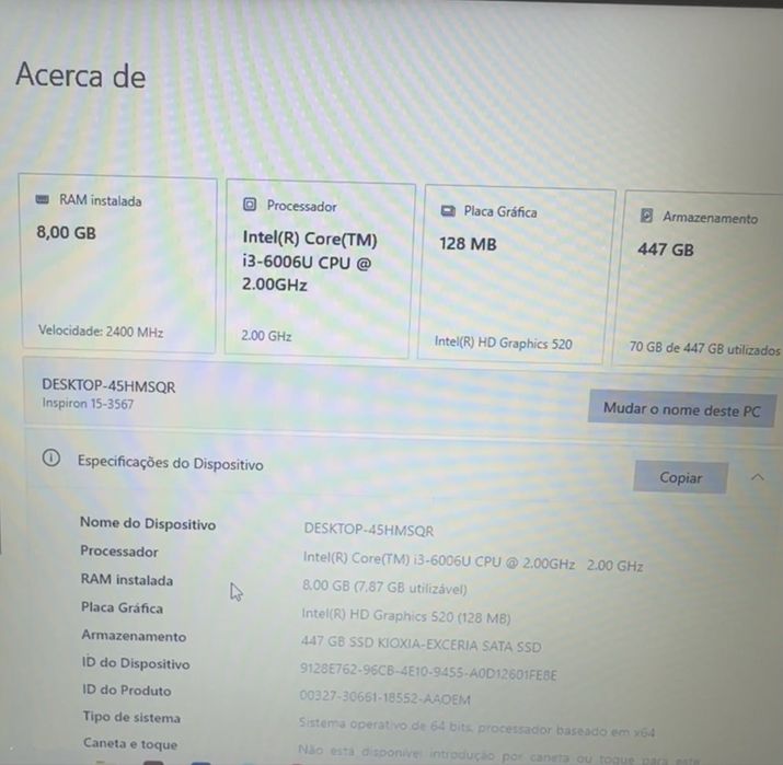 Dell Inspiron 15-3567 | Intel i3 | 8GB RAM | SSD 512GB | Windows 10